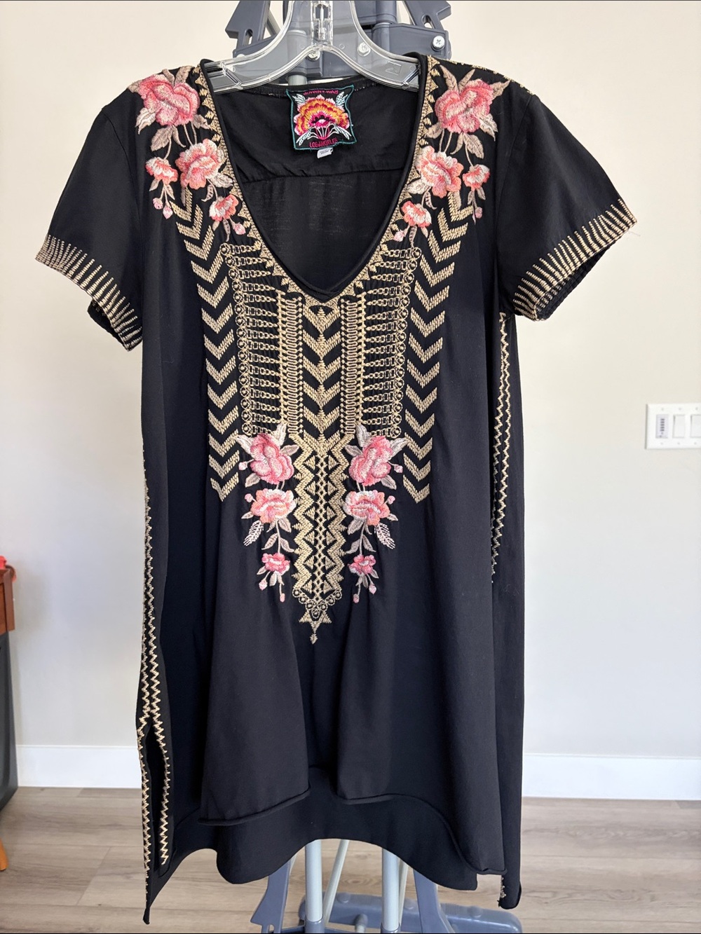 Johnny Was Tunic with Pink and Gold Floral/Geometric Embroidery (XS)